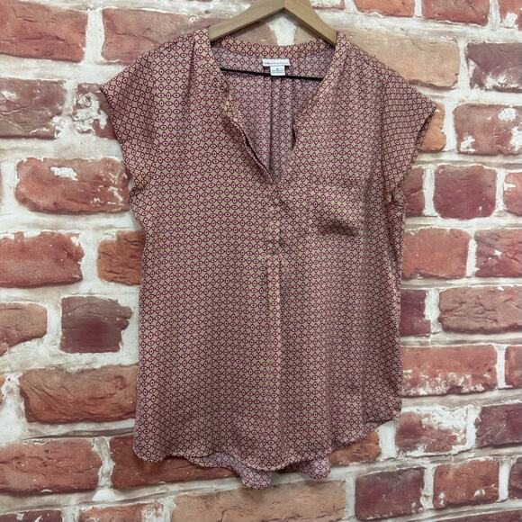 Liz Claiborne Top Women's M Tan Multicolor Abstract Pocketed Casual Career Shirt - Picture 2 of 8